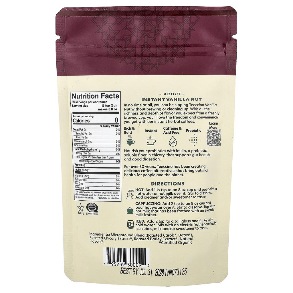 Teeccino, Instant Herbal Coffee, Vanilla Nut, Medium Roast, Caffeine Free, 100g (3.53oz)