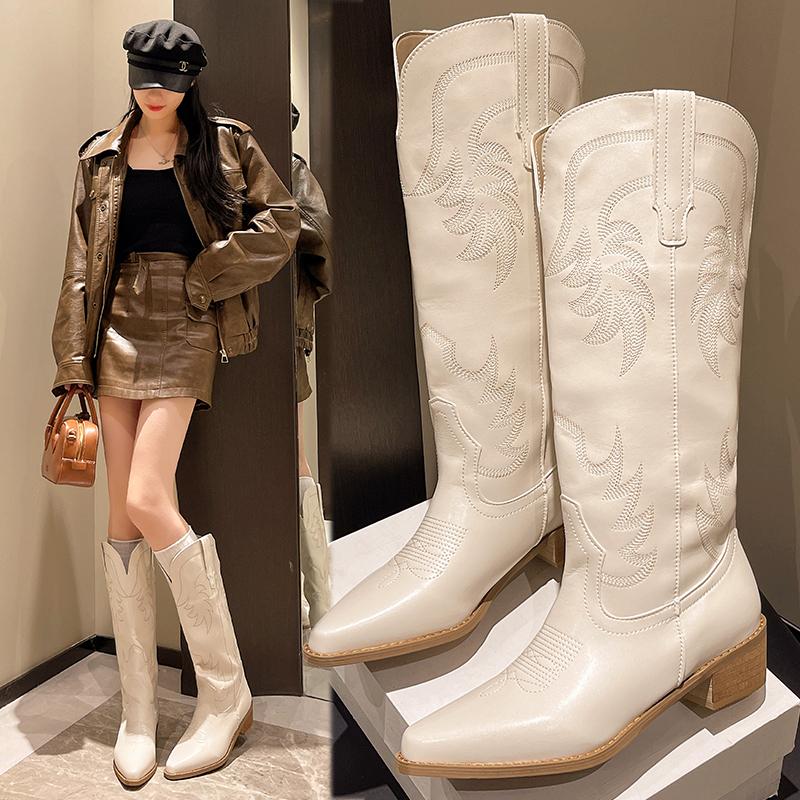 Fashion New Spring and Fall Fashionable Pointy Solid Color Women's Mid-calf Boots with Mid-heel Sleeves Embroidered Western Cowboy Boots