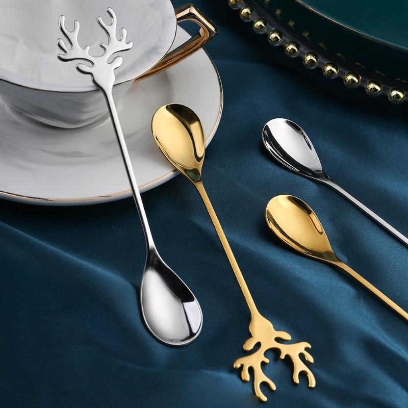 4pcs Christmas Elk Head Shape Stainless Coffee Spoon New Year 2026 Christmas Decoration Table Decor for Home Navidad 2025 Gifts