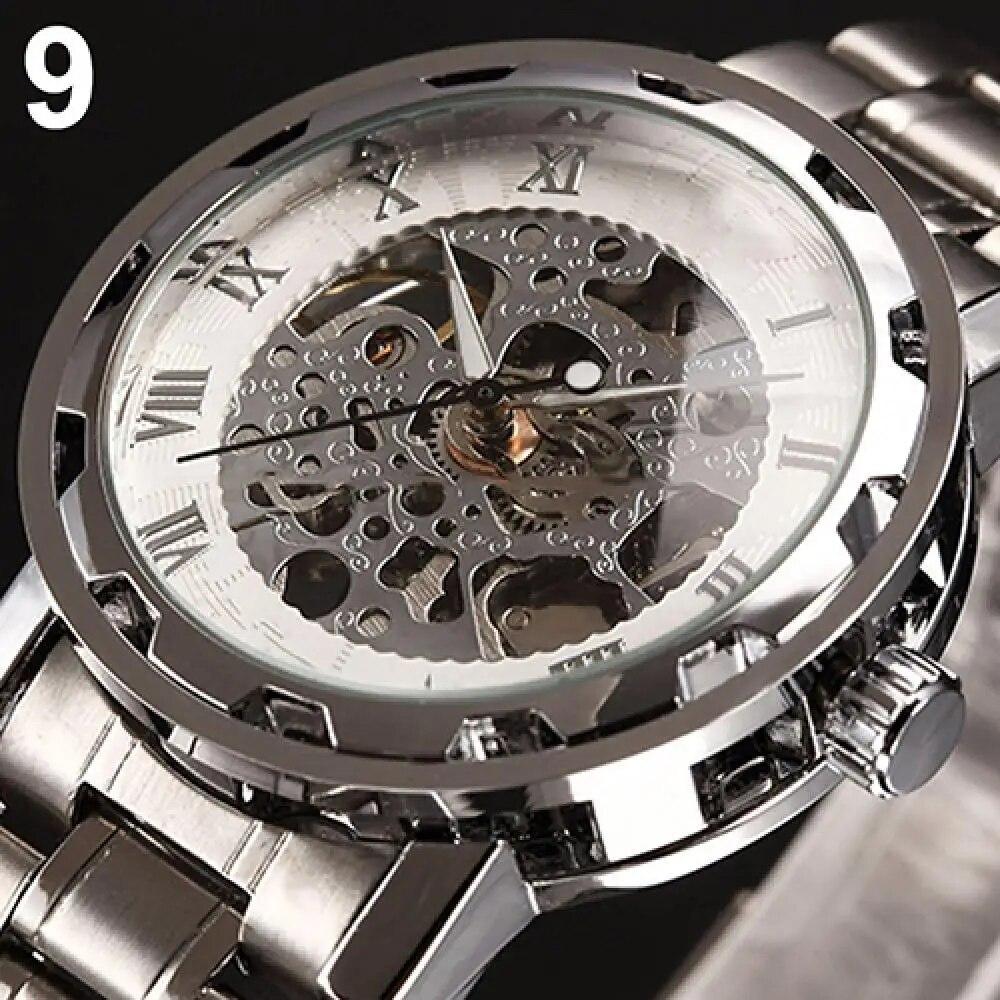 Men Skeleton Roman Numerals Hollow Dial Stainless Steel Band Mechanical Watch Fashion Men's Business Watch