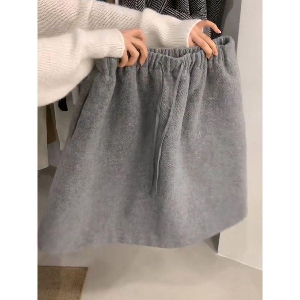 2025 Autumn/Winter Woolen High-Waisted Drawstring Skirt: Versatile Elastic, Soft, Slimming, Casual Short Style.