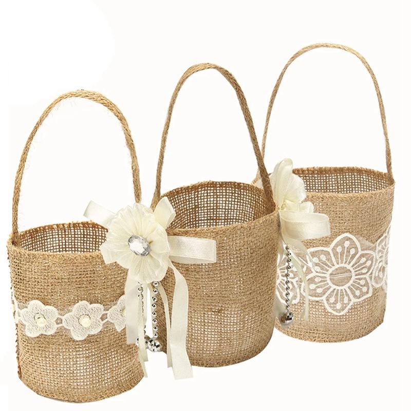 Wedding Lace Burlap Flower Basket Linen Handle Vintage Rustic Wedding Ceremony Table Decoration Baby Shower Party Candy Gift Bag