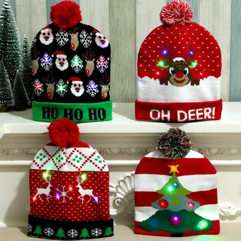 Christmas Decoration Props Children's Colorful Glowing Light Knit Hat Cap Santa Clause Elk Snowman Style