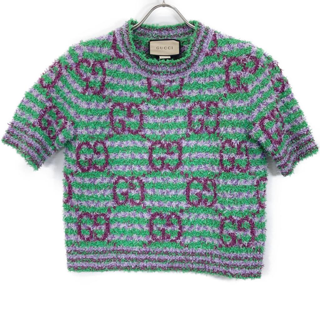 Gucci 695796 Green X Purple Cotton Maxi GG Short Sleeve Knit Tops S Green/PurpleUsed