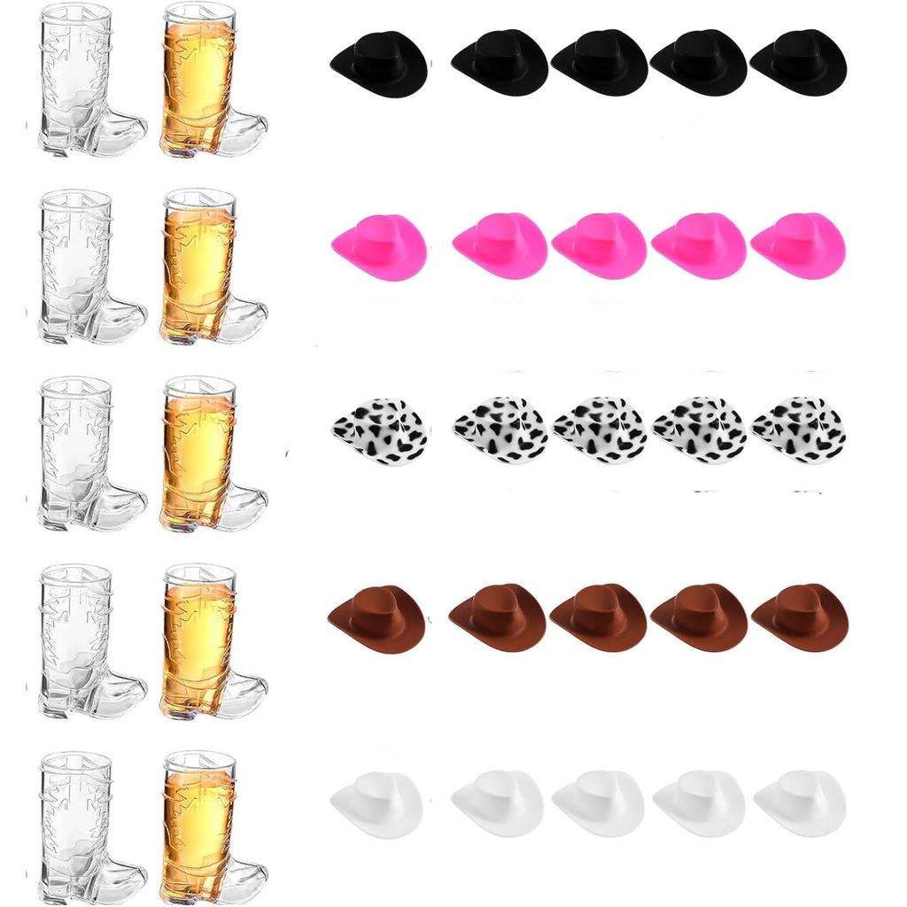30 Pcs Cowboys Shot Glass Plastic Mini Western Cowgirl Hat and Boot Glasses for Bridegroom Bridal Shower Bachelorette Party
