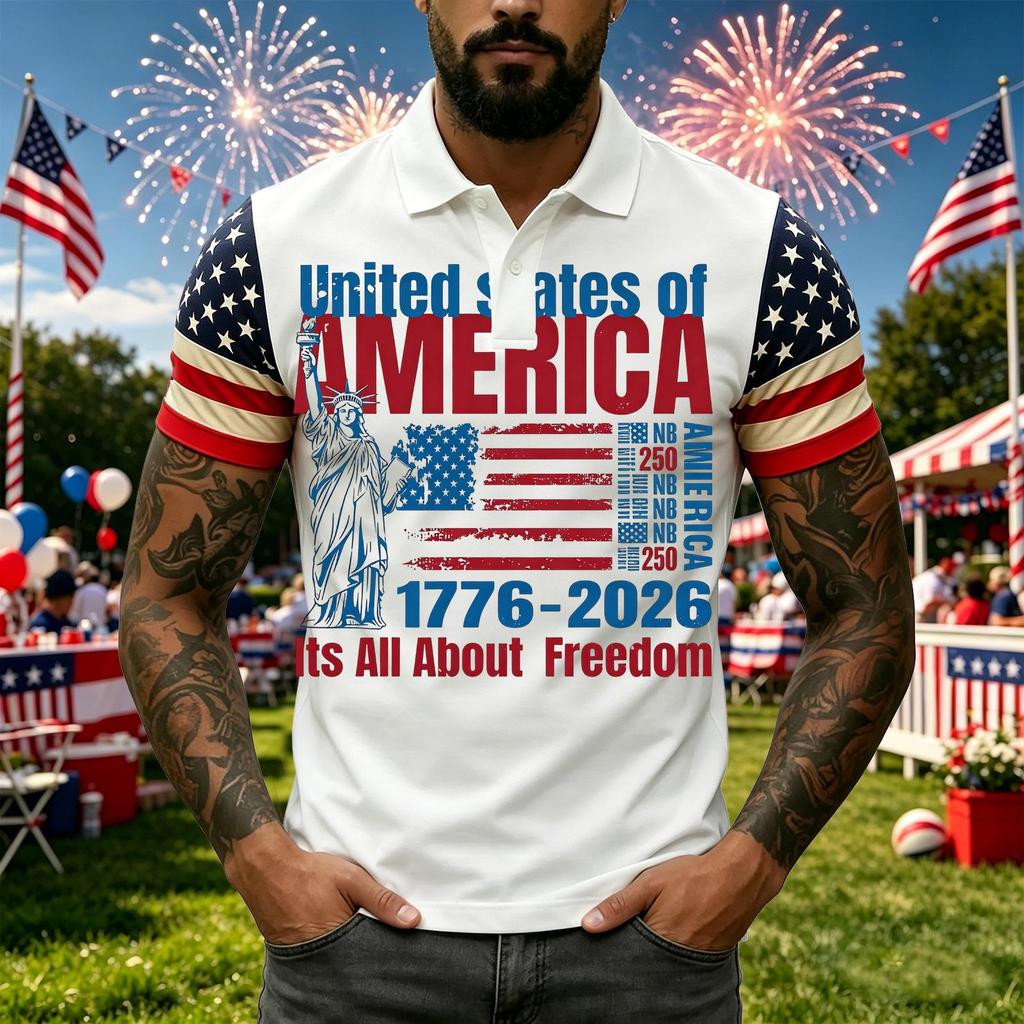 Men's Casual Short Sleeve Polo Shirt with Graphic Print and American Flag Pattern Sleeves Button Down Collar Athletic Fit