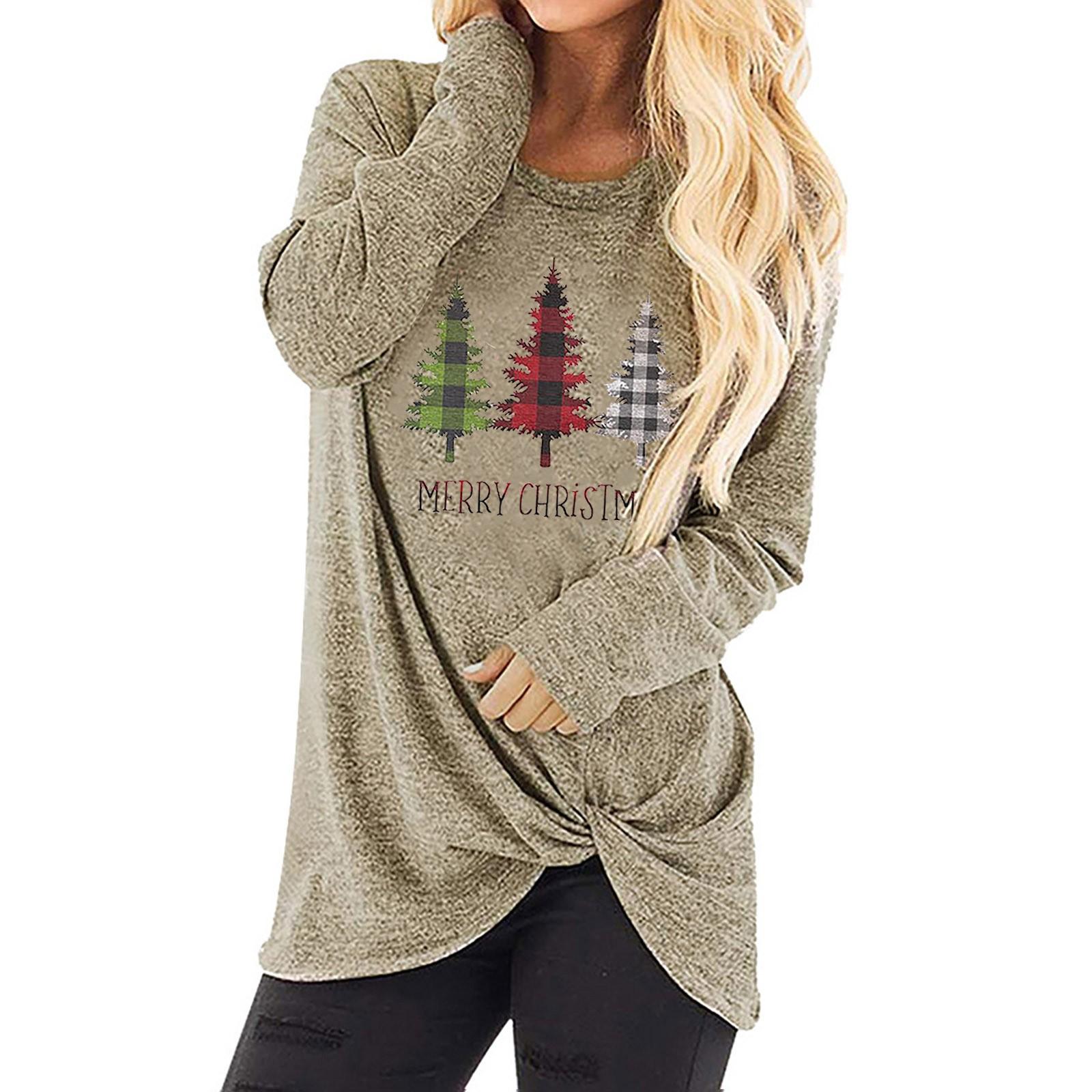 

Женская мода Повседневная блузка с длинным рукавом с рождественским принтом и круглым вырезом L хаки