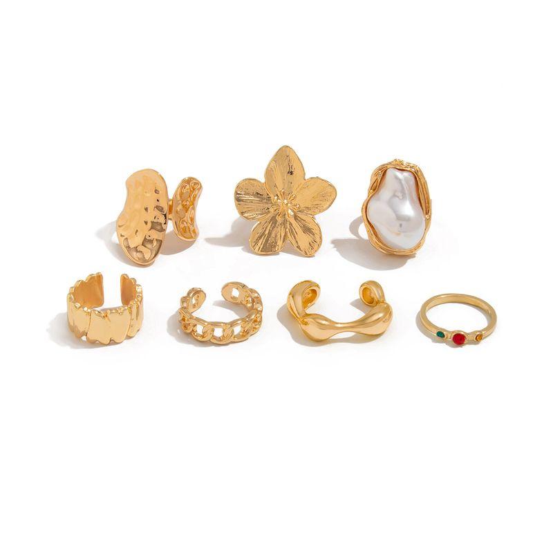 

7-Piece Set Asymmetrical Flower Open Ring Suit European and American Entry Lux Fashion All-Match Internet Celebrity Temperament Ring Combination Light Gold