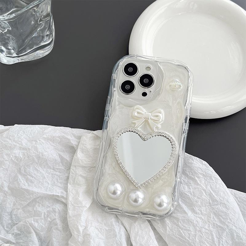 Cherry Blossom Bowknot Heart Mirror Phone Case for iPhone 17 Pro Max - Soft Silicone Ins Style