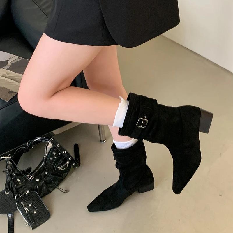 Autumn Winter Thick Heels Women Western Ankle Boots Fashion Pointed Toe Stripper Party Shoes Zapatos De Mujes