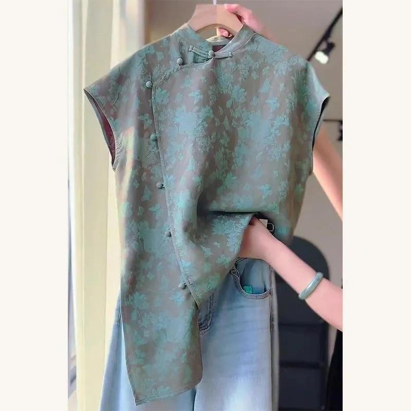 Female Summer-Style New Chinese-Inspired Sleeveless Blouse with Button Closure, Printed Patchwork Unique