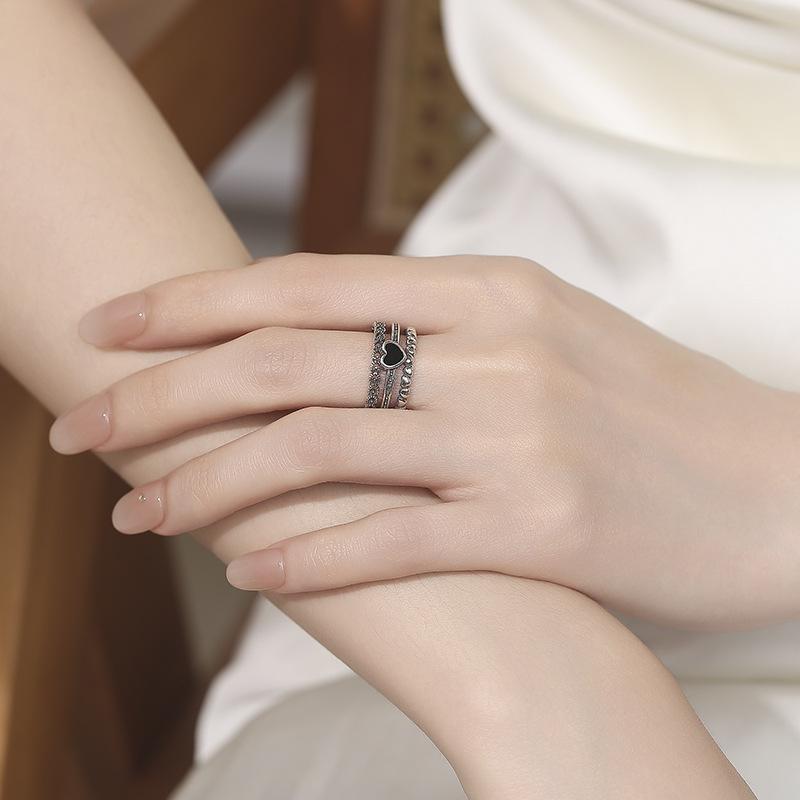 Retro Hollowed-Out Epoxy Love Zircon Multi-Layer Open Index Finger Ring Women'S Niche Design Light Luxury High-End Jewelry