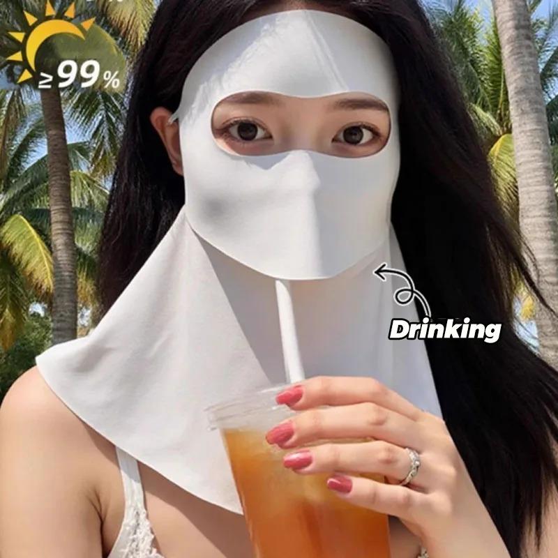 Women Sun Protection Face Mask with Drinking Hole Ice Silk Cooling UV Block Neck Cover for Cycling Outdoor Summer Accessories