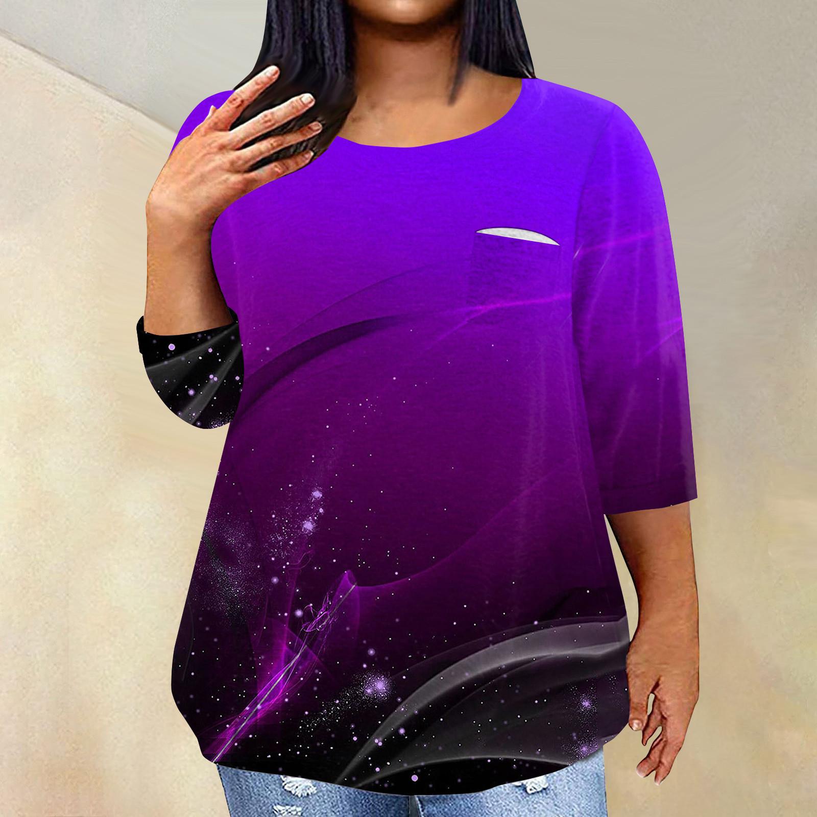 

Жіночий модний повсякденний пуловер з принтом і круглим вирізом з рукавом три чверті та рукавом 4/3 XL фіолетовий