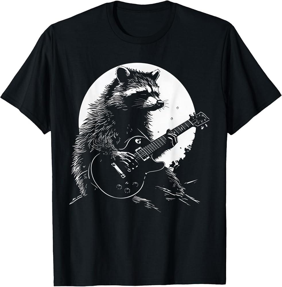 Racoon Playing Guitar with Moon Funny Raccoon Meme Guitarist TShirt Unisex T-Shirt XXXL