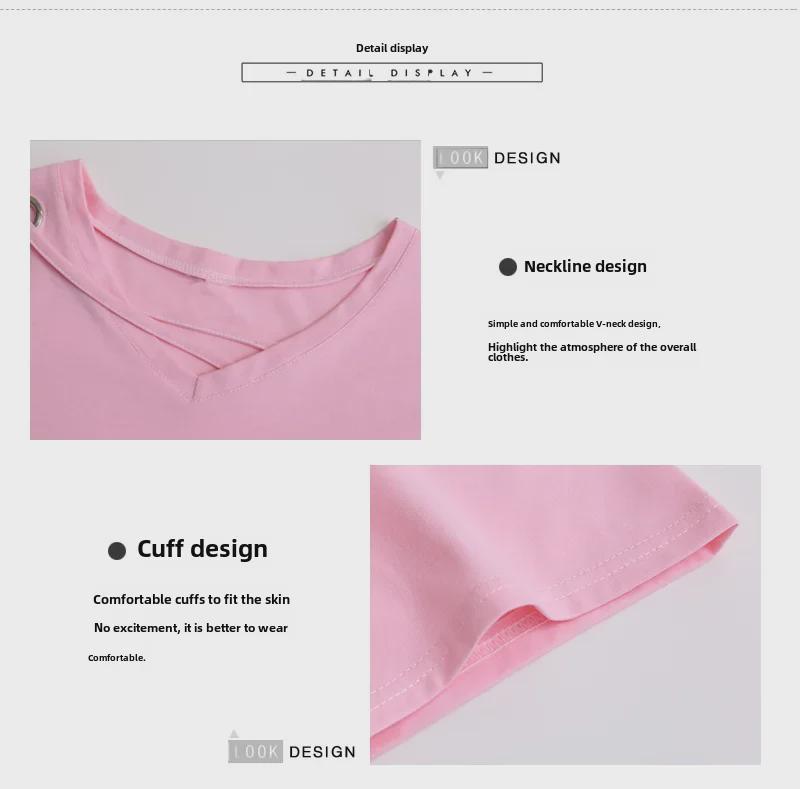 Korean Style Plus Size V-Neck Women's T-Shirt - Summer 2024 Trendy, Slimming, Solid Color, Short Sleeve Top