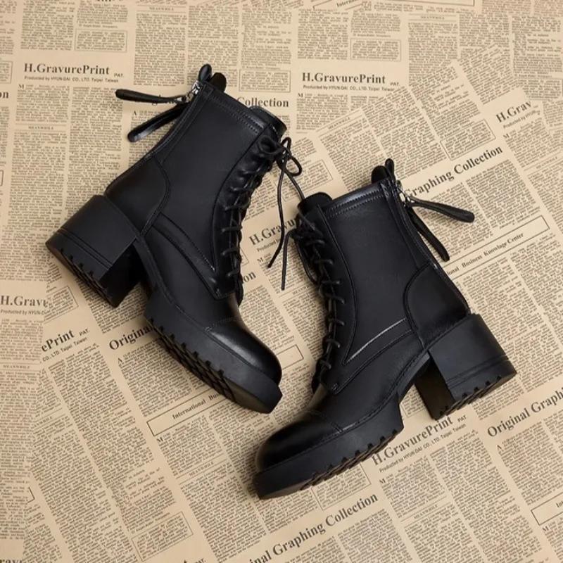 Women's Boots High Quality Casual Leather Boots Classic Lace-up Ankle Boot 6cm Thick Heel Platform Boots for Women Botas Mujer