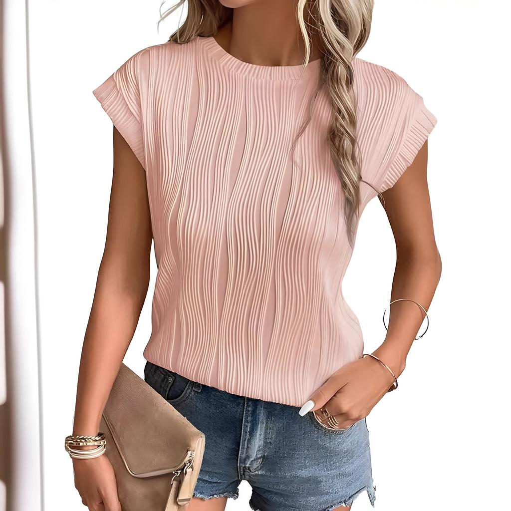 Crew Neck Short Sleeve for Women Summer Pleated Print Solid Short Sleeve Casual Fashion T-shirt Breathable Lightweight Comfortable Work Vacation Top