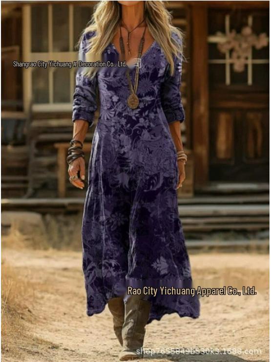 2026 Spring Retro V-neck Long-sleeved Plus Size Dress
