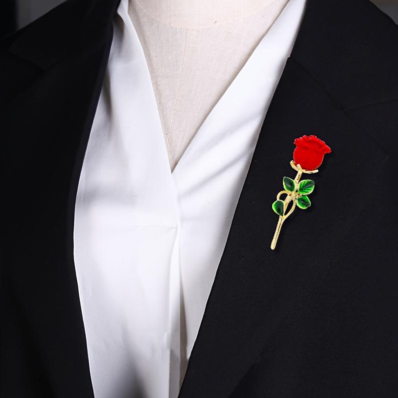 [Red Rose Brooch] Elegant Red Rose Alloy Brooch with Green Leaves | Chic Collar Pin for Dresses, Sweaters & Coats | Perfect Gift for Birthdays, Mother