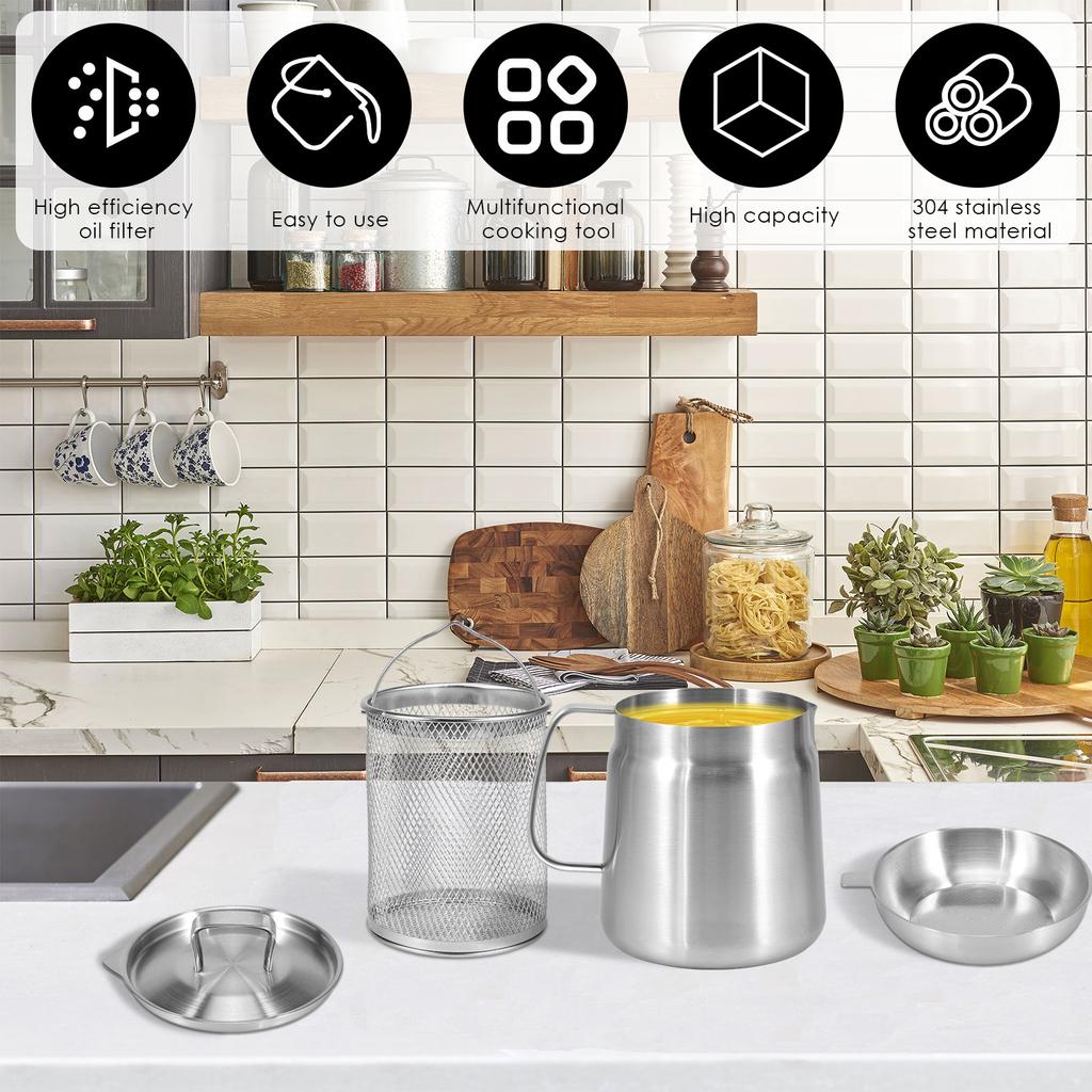 2-in-1 Edelstahl-Filterölbehälter großer Speichertank mit Filterdeckel und Frittierkorb Mehrzweck-Pfanne