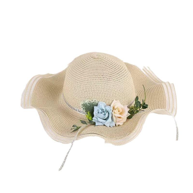 Summer sunshade and sun protection versatile big-brimmed straw hat female imitation flower travel vacation beach sun hat