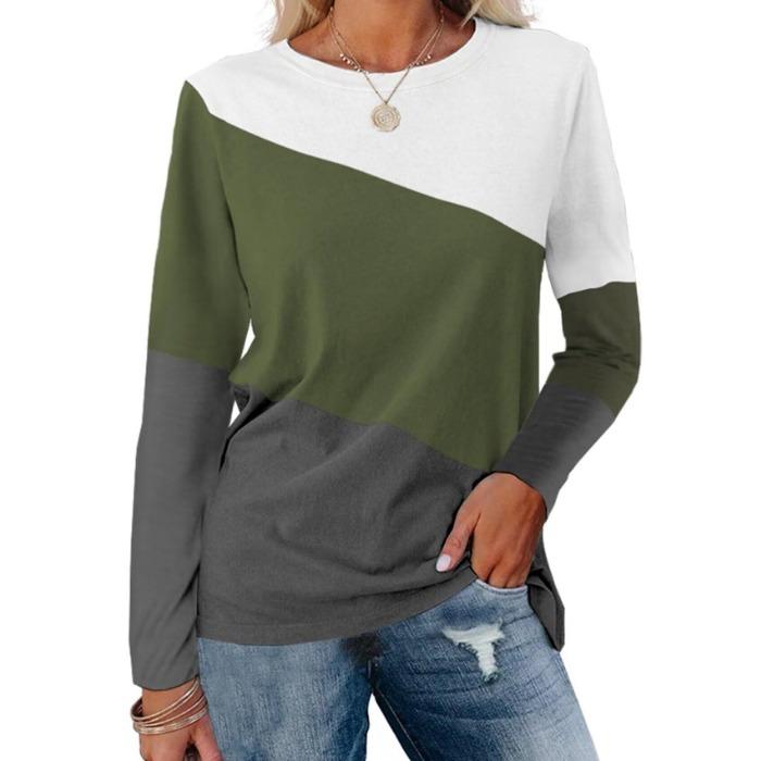 Fashion Color Blocked Long Sleeved Top with Personalized Contrasting Design for Women's Casual T-shirts