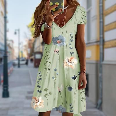 Yaz Modası Kadın V Yaka Kısa Kollu Güzel Çiçek Baskılı Elbise Seksi Kısa Etek Elbiseler