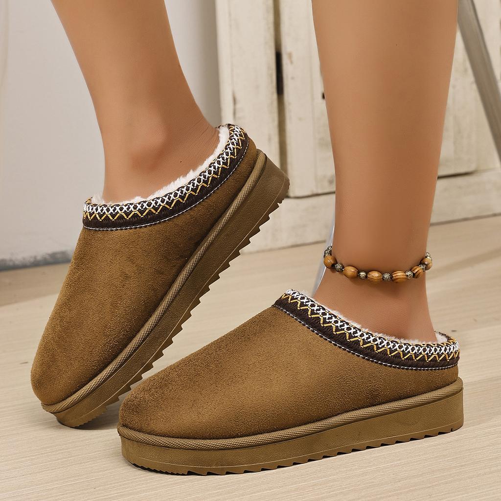 Fashion Ethnic Geometric Embroidery Close Toe Cotton Slides Women 2025 Short Plush Flat Heel Snow Boots Winter Warm Indoor Slippers