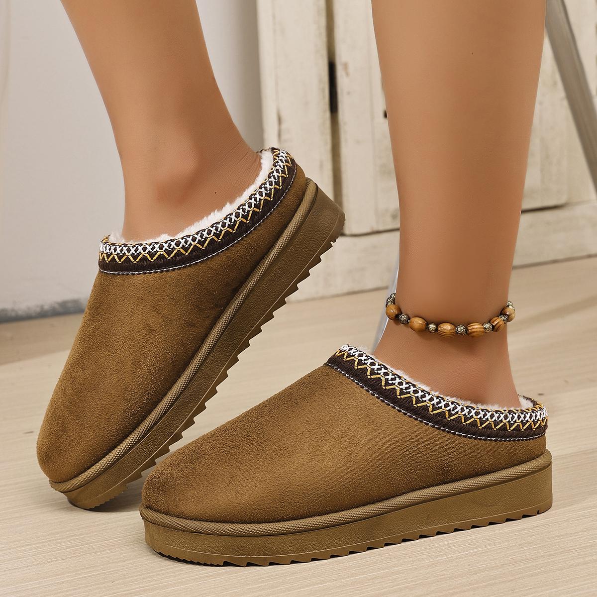 

Модные этнические геометрические вышитые хлопковые шлепанцы с закрытым носком для женщин 2025, зимние теплые комнатные тапочки на плоской подошве из короткого плюша 36 коричневый