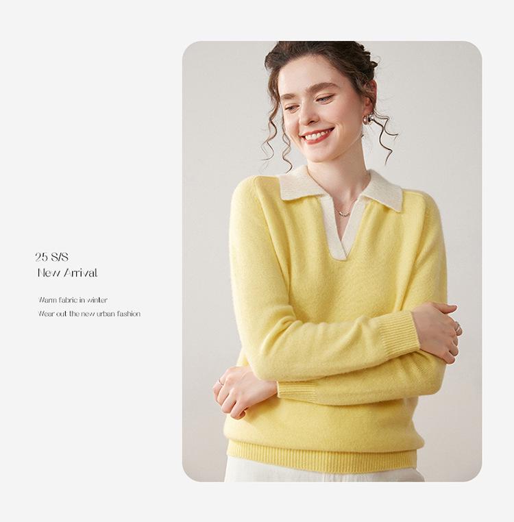 Patchwork Lapel Cashmere Sweater: Women's Slimming Knitwear Pullover