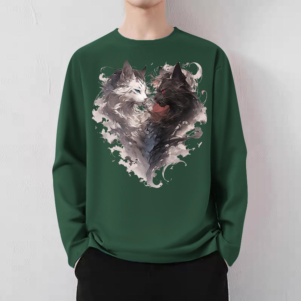 Japanese high street smoke cat print men and women 2024 spring and autumn loose American lazy chic couple crew neck t-shirt