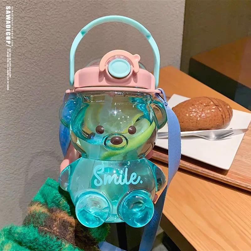 

Бутылка для воды Kawaii 1000/1400 мл, дорожный чайник в форме медведя, спортивная кружка для питья для девочек, бутылка для отдыха на открытом воздухе, большая емкость, бутылка с трубочкой 1.0L синий