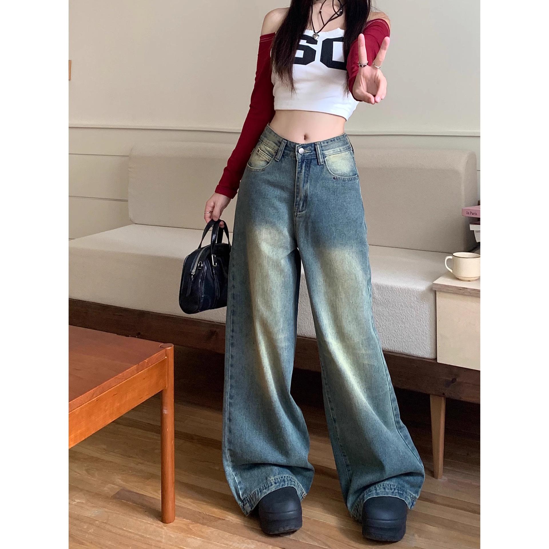 

Ретро Синие 2025 Женские Джинсы с Высокой Посадкой и Широкими Штанинами - Свободные, Драпирующиеся, Вываренные, Универсальные Брюки-Швабры 5XL