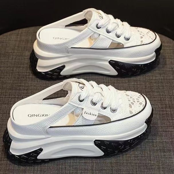 Baotou inner height increase half slippers women's summer wear 2025 new Internet celebrity explosion thick-soled hole white shoes