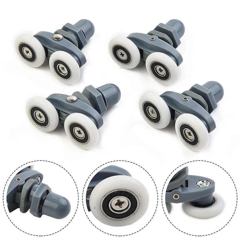 4 Twin Shower Door Rollers for Bottom Track Sliders Compatible with 19mm to 27mm Wheel Diameter and 4mm to 6mm Glass Thickness