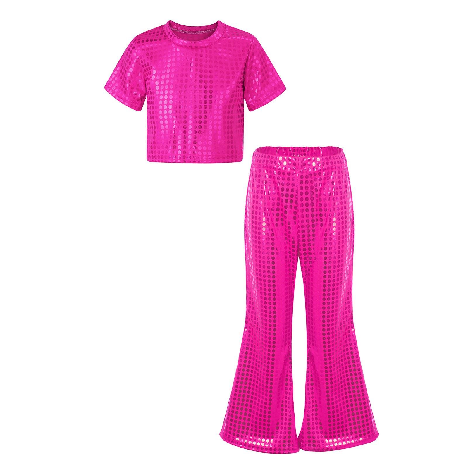 

Girls Sparkly Dance Set Sequins Crop Top Elastic Waistband Flared Pants Party Performance Outfit 9-10 Years