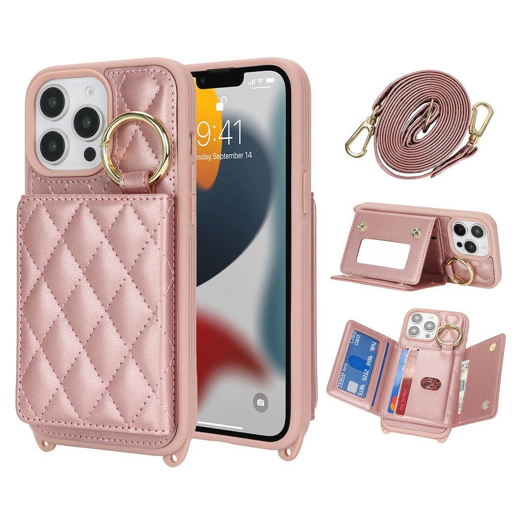 For iPhone 13 Pro Max/12 Pro Max Case with Lanyard/Mirror/Card Holder Grids Pattern RFID Blocking Phone Cover