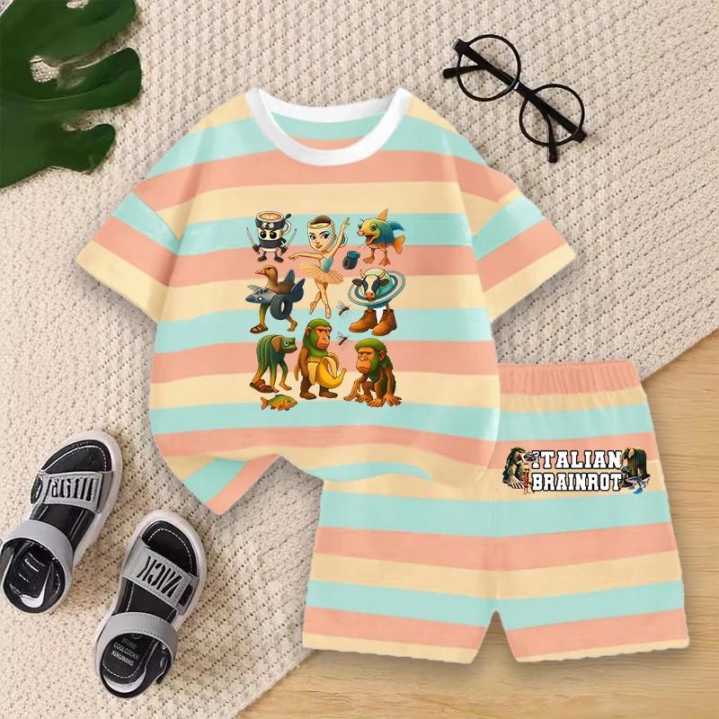 Boys Summer Striped Outfit Set Kids Cartoon Animal Print Short Sleeve T-shirt and Shorts for Play Outdoor