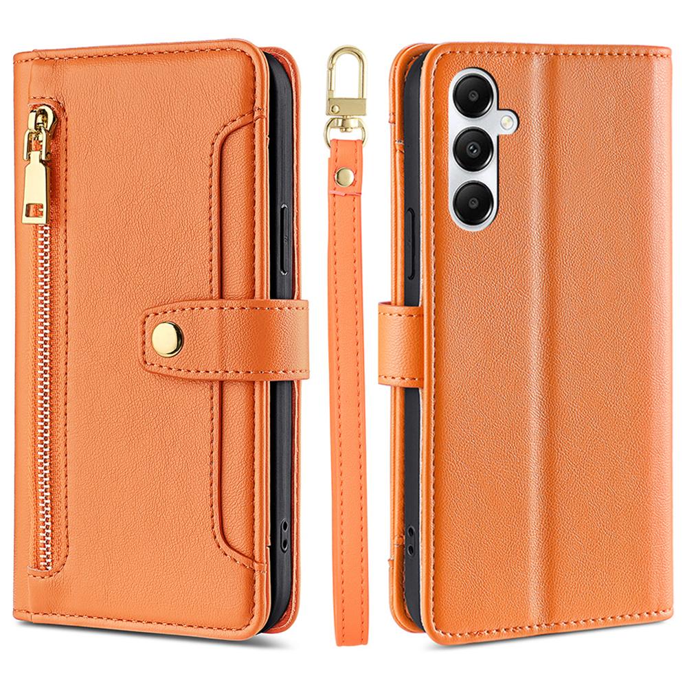 

For Samsung Galaxy A05s 4G Case Zipper Pocket Wallet PU Leather Phone Cover with 2 Straps Orange