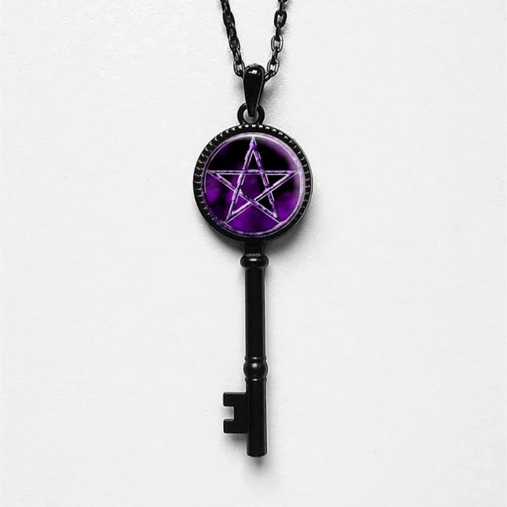 Fashion Classic Five-pointed Star Glass Key Pendant Necklace for Men Women Key of Solomon Magic Array Jewelry Accessories Gifts