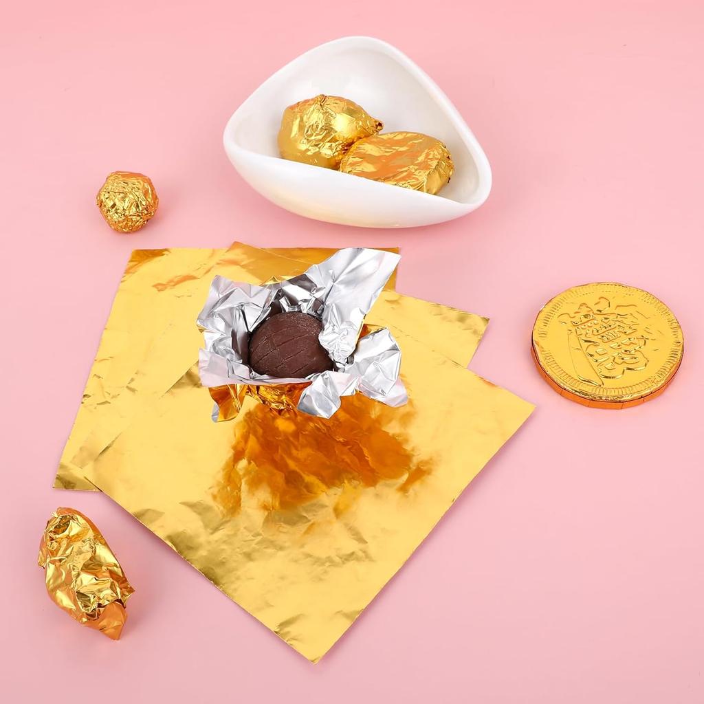 100 Pcs Gold Candy Wrappers Foil 4" x 4" Square Chocolate Wrappers, Aluminum Foil Candy Wrappers for Homemade Candy, Individual Chocolate Packaging