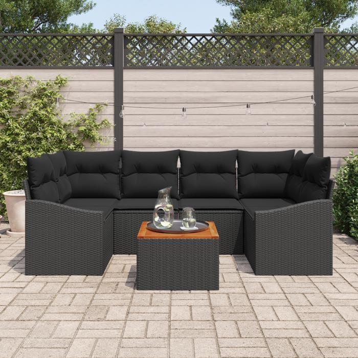 VidaXL Canapé de jardin 7 pièces avec coussins en poly rattan noir d'acacia 3356455