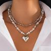 Love Alloy Pendant Necklace with Pearl Beads - Multi-layer, Versatile European & American Style.