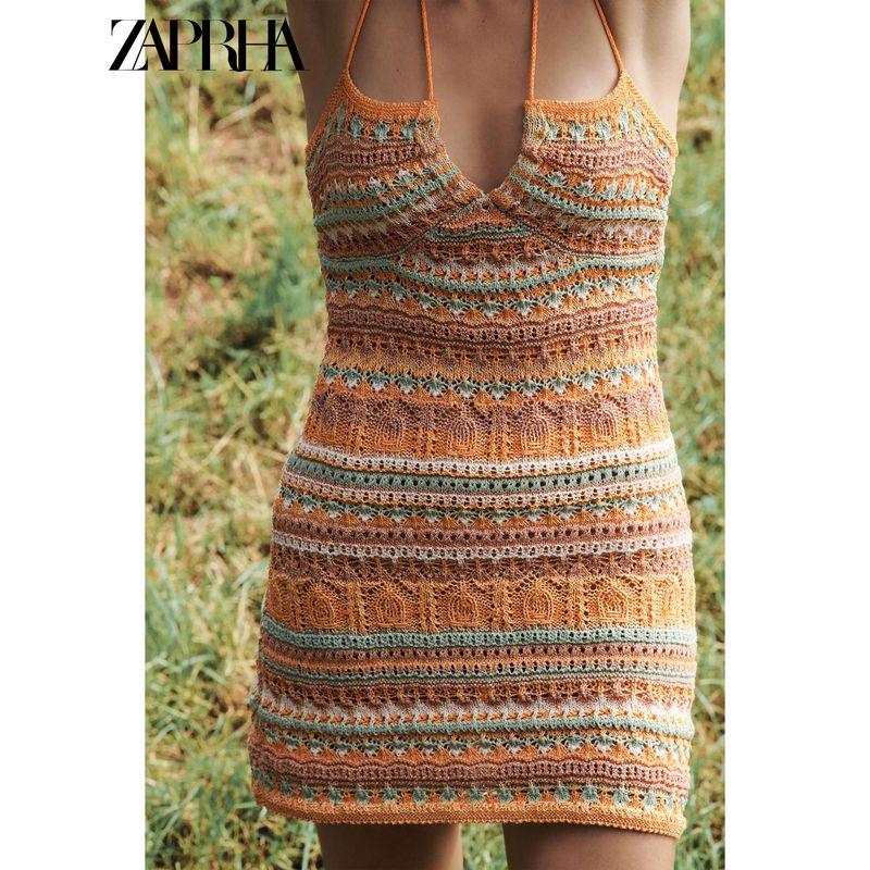 Zaprha 2025 Summer New Simple Sexy Neck Collar Backless Knitted Mini Short Dress 3991100