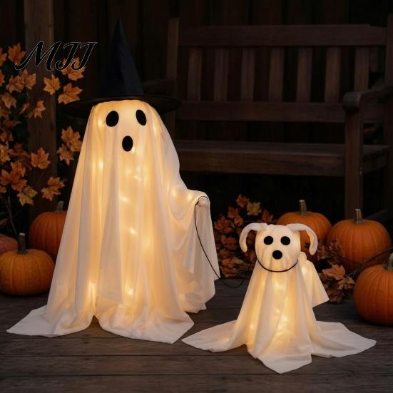 Výstavní okno Duchy Halloweenské Ozdoby Chodící Pes Dekorace s LED Řetězem, Strašidelně Zářící Dekorace pro Obývací Pokoj Štěně Venkovní