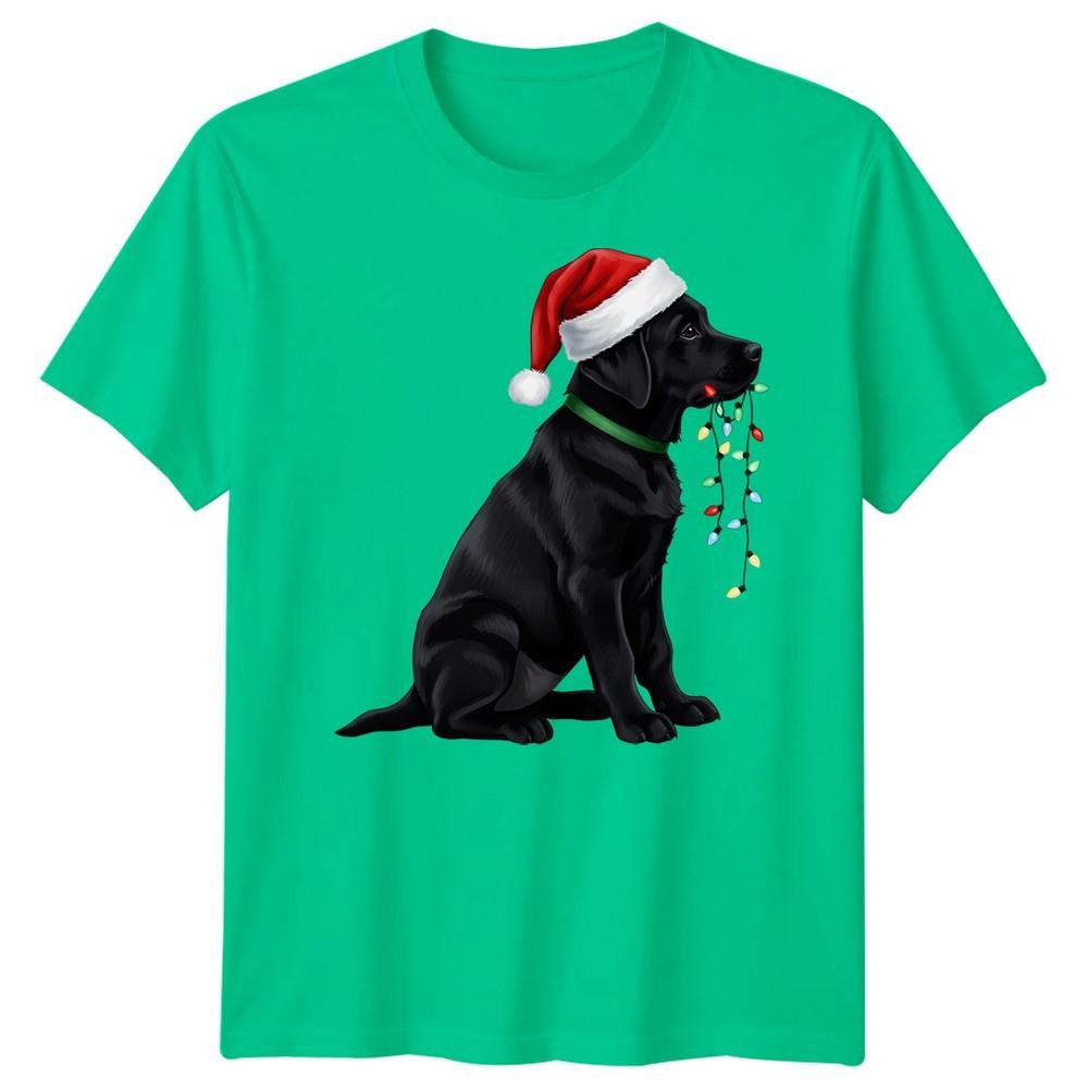 Black Labrador Dog Christmas Holidays Unisexs Unisexs Graphic Tee Santa Hat Lights