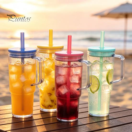 Clear Plastic Water Bottle with Straw And Lid, 40oz Large Capacity Tumbler BPA-free Drinking Cup Handle, Leak Proof Sports for School Travel Reusable