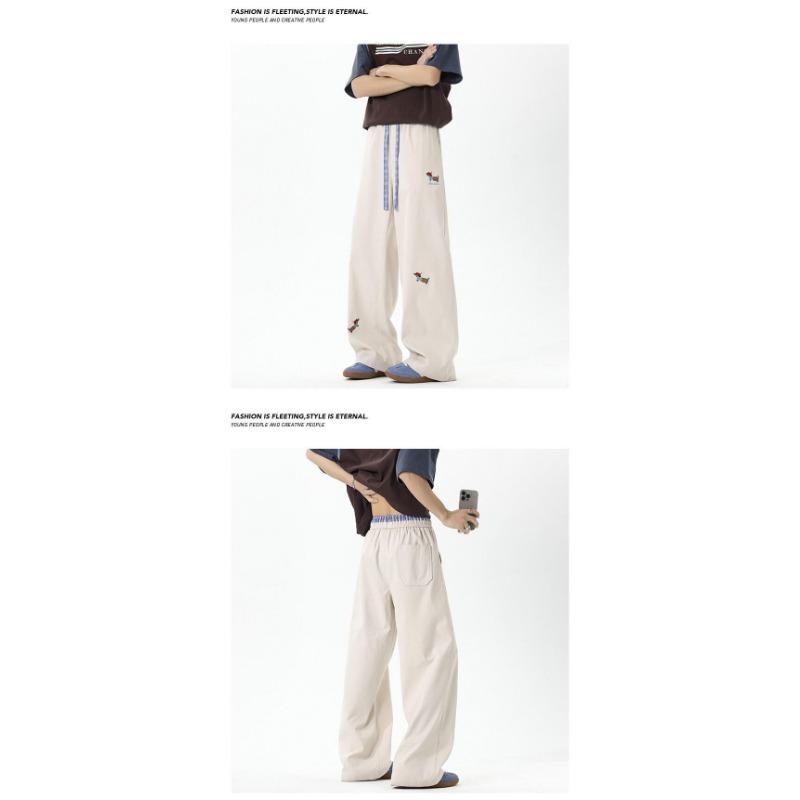 Vintage Puppy Embroidery Loose Wide Leg Double Waist Casual Fleece Long Pants For Men
