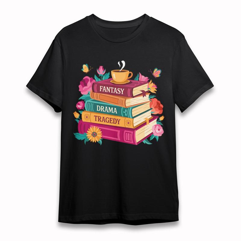 Women'S Comfortable Fashion Classic T Shirt Book Stack Coffee Cup Literary